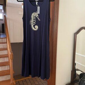 NWT Cupio Seahorse Sun Dress Size L Navy Blue with Gold Seahorse